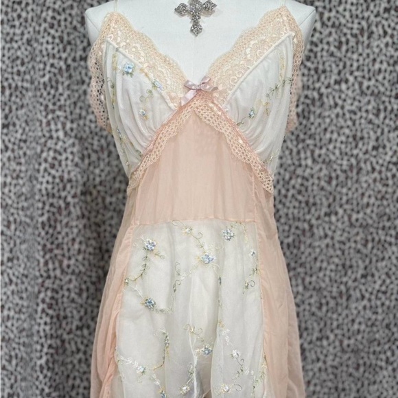 Other - Pink sheer coquette fairy floral embroidered nightie slip dress lingerie medium